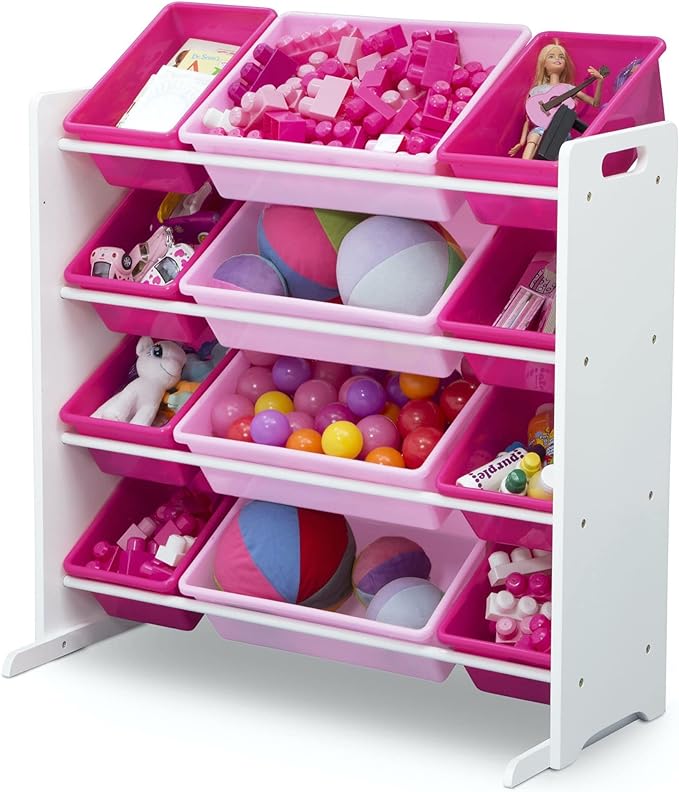 Delta Children Kids Toy Storage Organizer with 12 Plastic Bins - Greenguard Gold Certified, White/Pink - LeafyLoom