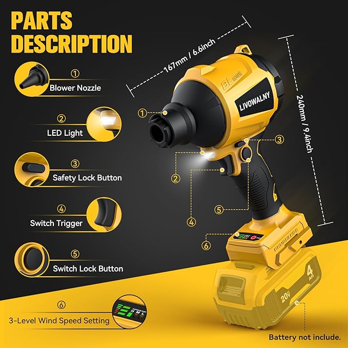 LIVOWALNY Cordless Dust Blower for Dewalt 20V Battery, Leaf Blower Brushless Handheld Blower Sawdust Blower 447 MPH/39 CFM for Garages, Sawmill Room, Workshop Cleaning, Home Improvement (No Battery) - LeafyLoom