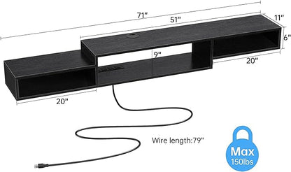 FABATO 71'' Floating TV Stand with LED Light Power Outlet, Floating Shelf for Under TV Wall Mount with Storage Shelf, Media Console Entertainment Center for Living Room, Black - LeafyLoom