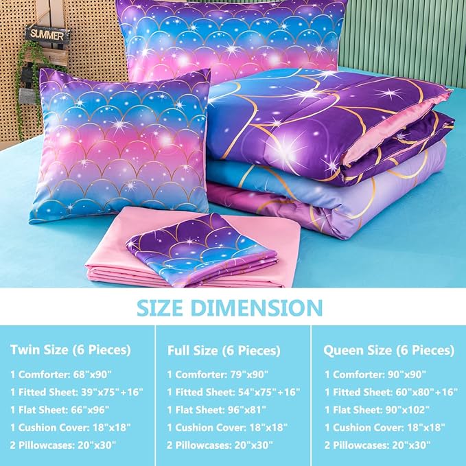 PERFEMET Pink Mermaid Comforter Set Full Size 6 Pieces Bed in A Bag Colorful Rainbow Bedding Set for Teens Girls 3D Sparkly Glitter Ombre Bed Set with Comforter and Sheets (Pink Mermaid, Full) - LeafyLoom