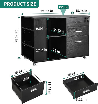 YITAHOME File Cabinet, Mobile Lateral Filing Cabinet with Lock for Home Office, Printer Stand with Open Storage Shelf, Fits A4, Letter, Legal Size Files, Office Furniture, Black - LeafyLoom