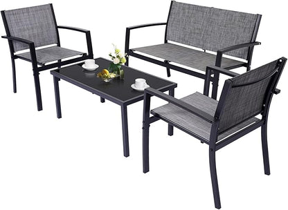 4 Pieces Patio Furniture Set Outdoor Garden Patio Conversation Sets Poolside Lawn Chairs with Tempered Glass Coffee Table Loveseat Porch Furniture Textilene Fabric Grey - LeafyLoom