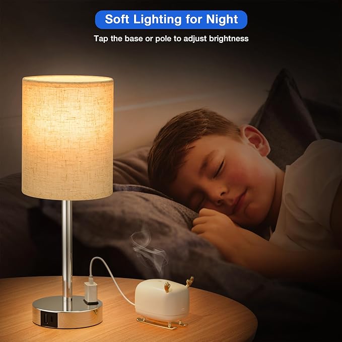 Touch Lamps for Bedrooms Set of 2 Modern - White 3 Way Dimmable Bedside Lamp with USB C and A Ports and Outlets, Nightstand Lamp with Silver Base, Small Table Lamps for Nursery Kids Girl and Boy - LeafyLoom