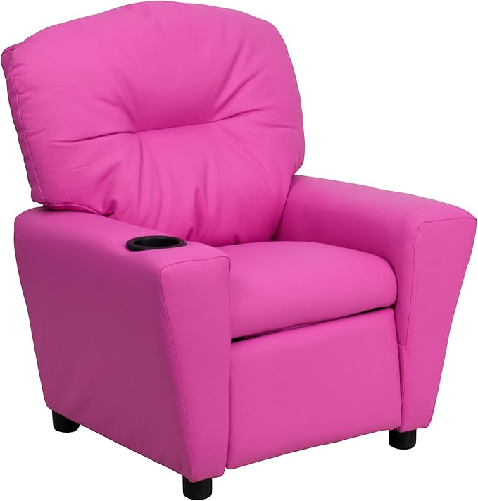 Flash Furniture Chandler Vinyl Kids Recliner with Cup Holder and Safety Recline, Contemporary Reclining Chair for Kids, Supports up to 90 lbs., Hot Pink - LeafyLoom