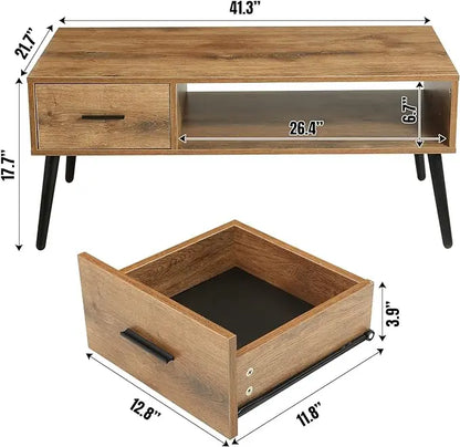 HAIOOU Coffee Table, Mid Century Modern Style Cocktail Table TV Stand with Drawer, Open Storage Shelf, Stable Floor-Anti-Scratching Pine Leg for Home, Office, Living Room - LeafyLoom