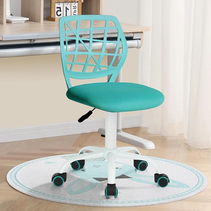 FurnitureR Kids Desk Chair, Armless Office Chair Small Adjsutable Swivel Task Chair with Soft Cushion for Study Kids Teens Child, Turquoise - LeafyLoom