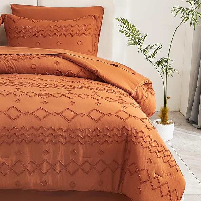 EMME King Comforter Set - 7 Pcs Pumpkin Boho Bedding Sets, King Size Tufted Comforter Set with Sheets, Shabby Chic Embroidery Bed Set Fluffy Bed Bag for All Season(102"X90") - LeafyLoom