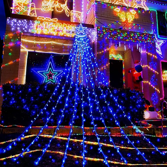 Aokudoni Christmas Lights Outdoor, 12.6FT 350 LED Blue Waterfall Lights Christmas Decorations, 8 Modes Christmas Lights for Tree, Outside Christmas Decorations for Yard Garden Patio Wall Porch Aokudoni