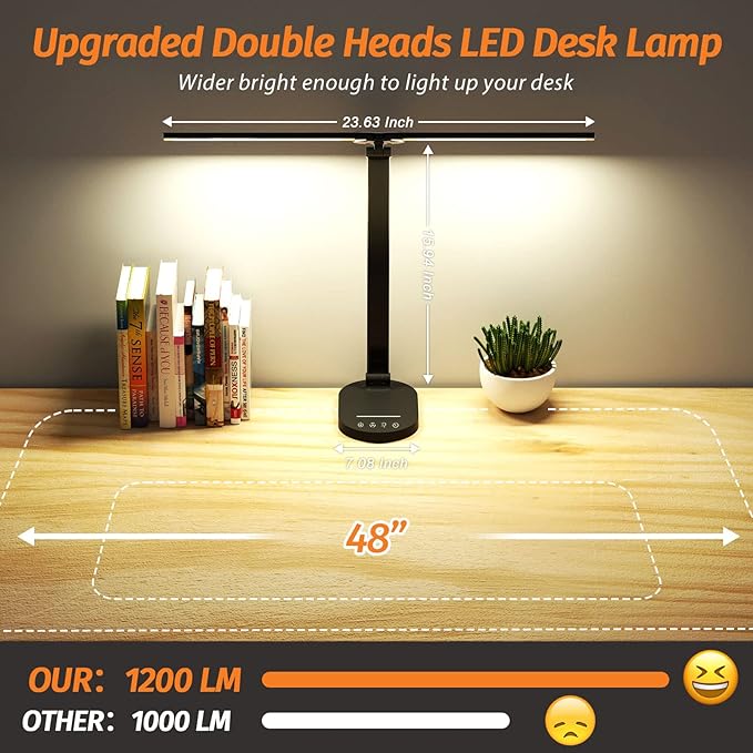 LED Desk Lamps for Home Office, Dual Swing Arm Desk Light, Dimmable Desk Lamp with USB Charging Port, Office Lamp with Night Light, 1H Timer, 5 Color Modes 5 Brightness Levels, Eye-Caring Table Lamp - LeafyLoom