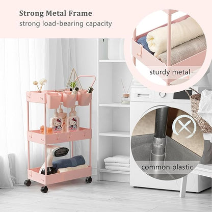 danpinera Slim Storage Cart, 3 Tier Narrow Rolling Cart on Wheels Bathroom Organizer Cart with Dividers Handle Hanging Cups Hooks for Laundry Room Kitchen Small Spaces, Pink - LeafyLoom