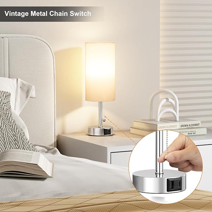 White Table Lamp for Bedroom Nightstand - Small Lamp with USB A + C Charging Port, 3 Color Temperatures Pull Chain Night Stand Light, Silver Base Desk Reading Lamp for Living Room - LeafyLoom