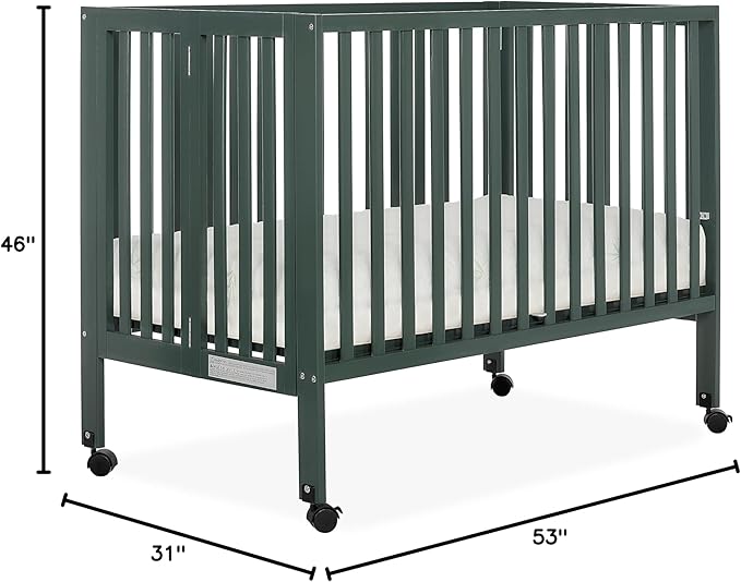 Quinn Full-Size Folding Crib in Olive, Removeable Wheels, Modern Nursey, Adjustable Mattress Support, Portable Crib, Patented Folding System - LeafyLoom