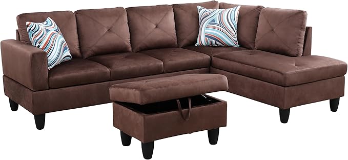 3-Piece L-Shaped Sectional Couches with 66.5'' Chaise Lounge & Storage Ottoman, 97'' Modular Living Room Sofas for Home Office Apartment, Large Living Furniture Right(Brown Microfiber) - LeafyLoom