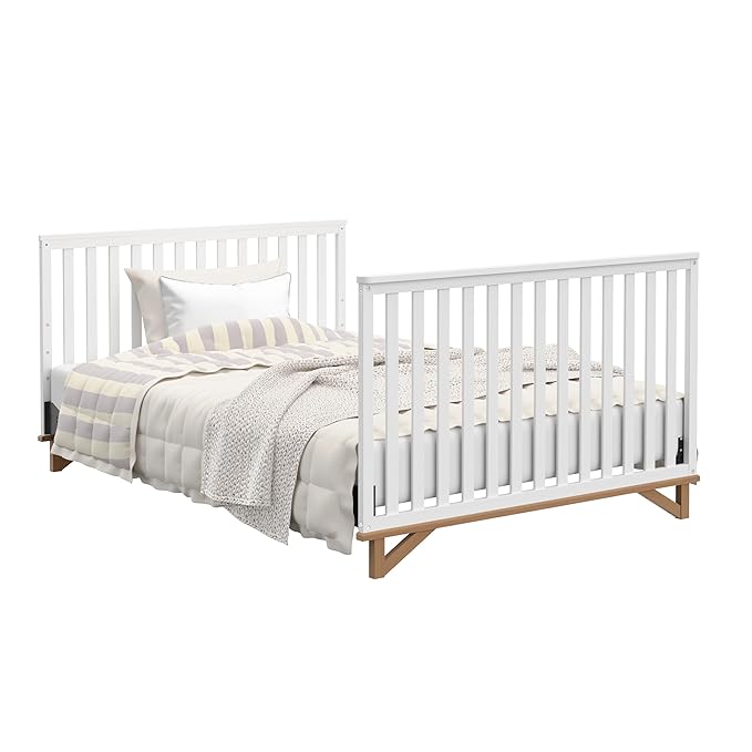 Storkcraft Santa Monica 5-in-1 Convertible Crib (White with Vintage Driftwood) – GREENGUARD Gold Certified, Modern Design, Two-Tone Baby Crib, Converts to Toddler Bed, Daybed and Full-Size Bed - LeafyLoom