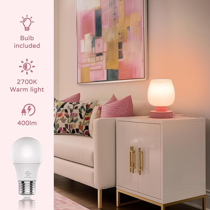 Touch Bedside Table Lamp - Modern Small for Bedroom Living Room Nightstand,Desk lamp with White Opal Glass Shade,Warm LED Bulb Included,3 Way Dimmable, Simple Design, Pink - LeafyLoom