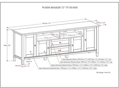 SIMPLIHOME Warm Shaker SOLID WOOD Universal TV Media Stand, 72 inch Wide, Transitional, Living Room Entertainment Center with Storage, for Flat Screen TVs up to 80 inches in Russet Brown - LeafyLoom