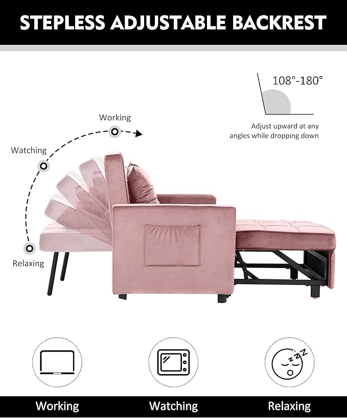 XSPRACER [UPDATED] Convertible Chair Bed, Sleeper Chair Bed 3 in 1, Stepless Adjustable Backrest,Armchair, Sofa, Bed, Flannel, Pink, Single One - LeafyLoom