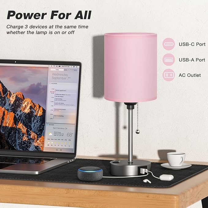 Dicoool Pink Bedroom Lamp for Bedside - 3 Color Temperatures Desk Lamp with USB C and A Ports, Pull Chain Table Lamp with AC Outlet, Nightstand Lamp with Silver Metal Base for Kids Girls - LeafyLoom