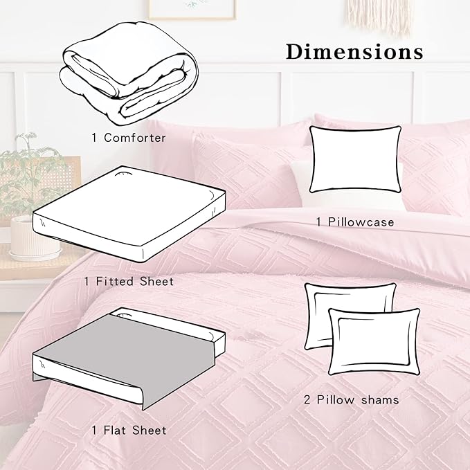 6 Pieces Tufted Bed in a Bag Twin Comforter Set with Sheets Pink, Soft and Embroidery Shabby Chic Boho Bohemian, Luxury Solid Color with Diamond Pattern, Jacquard Tufts Bedding Set for Kids Girls - LeafyLoom