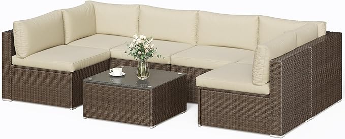 SUNVIVI OUTDOOR 7 Piece Patio Sectional Sofa Outdoor All Weather Brown PE Wicker Furniture Set, Paito Conversation Sofa Set with Glass Table, Removable Beige Cushions - LeafyLoom