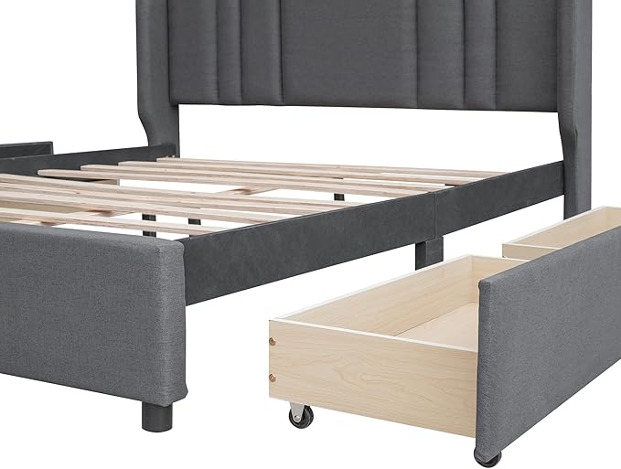 Queen Size Bed Frame with 4 Storage Drawers & Headboard Linen Upholstered Platform Bed Frame Wingback Beds with Sturdy Wooden Slats Support, Easy Assembly, Noise-Free - LeafyLoom