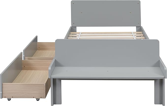 Twin Bed with 2 Drawers,Storage Platform Bed with Footboard Bench and Headboard,Pine Wood Twin Size Bed Frame High Stable for Kids,Boys,Girls,Teens, No Box Spring Needed,Grey - LeafyLoom