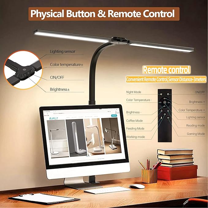 LED Desk Lamp for Office Home,24W Double Head Architect Desk Lamp with Clamp,Remote Control,Ultra Bright Auto Dimming,Stepless Lighting,Flexible Gooseneck Dimming Table Light - LeafyLoom