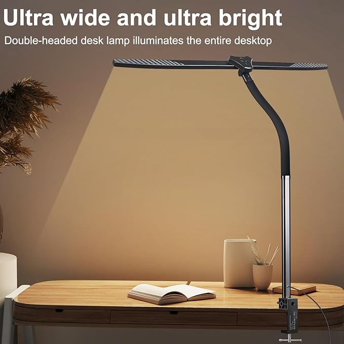 Led Desk Lamp for Office Home - Bright Double Head Desk Light with Clamp,Architect Task Lamp Gooseneck Smart Light: 24W 5 Color Flexible Adjustable Lighting Table Lamp for Study Drafting - LeafyLoom