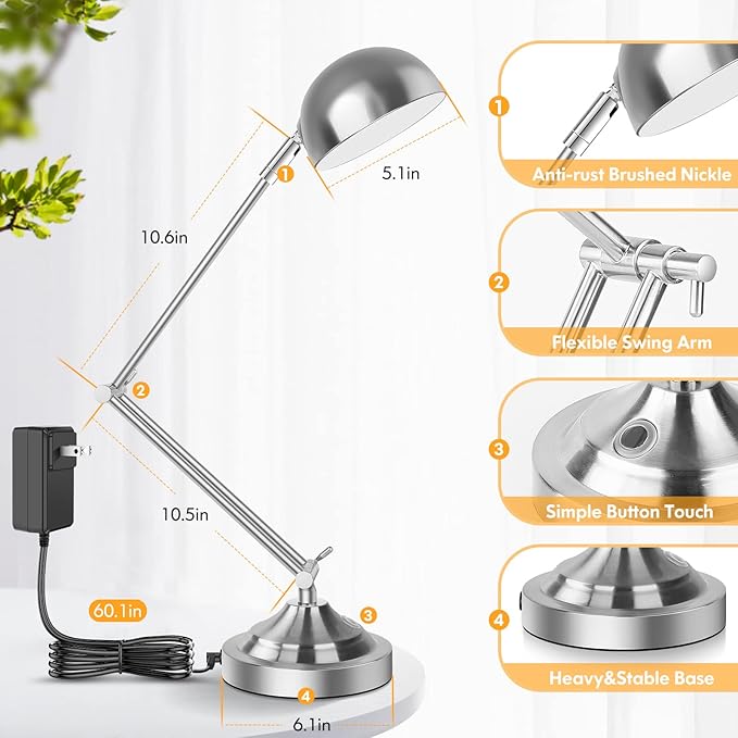 Touch Control LED Desk Lamp with USB Charging Port, Architect Brushed Nickle Lamp with Adjustable Swing Arm, Dimmable Silver Desk Lamp for Home Office Reading Study, 3000K/4000K/5000K 3 Color Modes - LeafyLoom