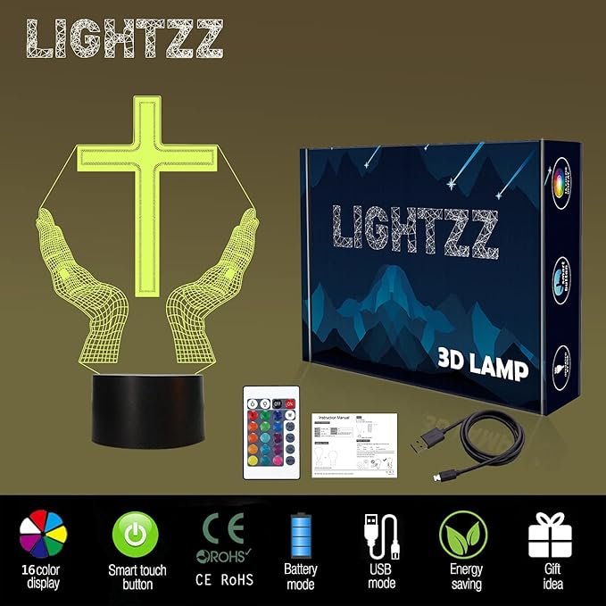 Jesus Cross 3D LED Night Light for Friends Xmas Easter Room Decor Gifts, Crucifix Optical Illusion Desk Table Lamp with Remote + 16 Color Flashing Change + Timer - LeafyLoom