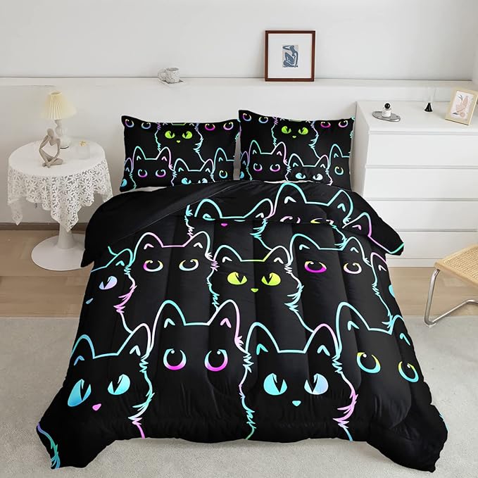 Axolotl Kids Bedding Cartoon Cat Comforter Set Queen Size,Gradient Line Cute Cat Bedding Set for Teens Kids Boys Girls Adults Room Decor,Kids Comforter Set All Season,1 Comforter 2 Pillow Cases,Black - LeafyLoom