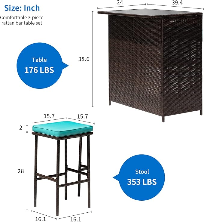 FDW 3PCS Patio Bar Set Outdoor Furniture Set Wicker Bistro Set with Two Stools for Patio Backyard Balcony,Blue Cushion - LeafyLoom