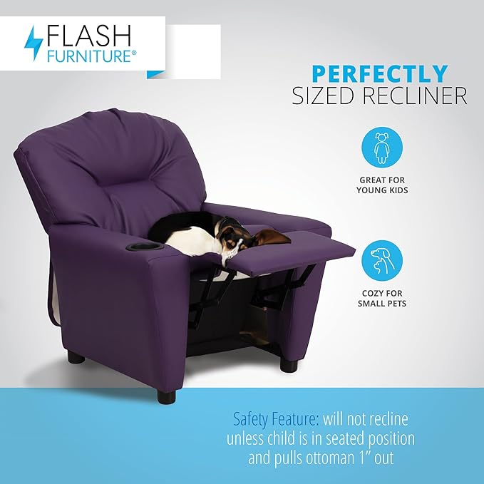 Flash Furniture Chandler Vinyl Kids Recliner with Cup Holder and Safety Recline, Contemporary Reclining Chair for Kids, Supports up to 90 lbs., Purple - LeafyLoom