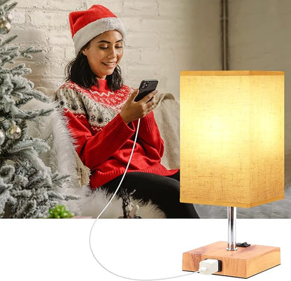 Dott Arts Small Table Lamps for Bedrooms Set of 2,2700K 4000k 5000K Nightstand Lamps with AC Outlets，Minimalist Wood Bedside Lamp with Square Shade,Night Light Lamp for Living Room Kids Room Office - LeafyLoom