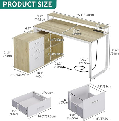 YITAHOME L Shaped Desk with Power Outlets & LED Lights & File Cabinet, 55" Corner Computer Desk with 3 Drawers & 2 Storage Shelves, Home Office Desk with Monitor Stand, Oak & White - LeafyLoom