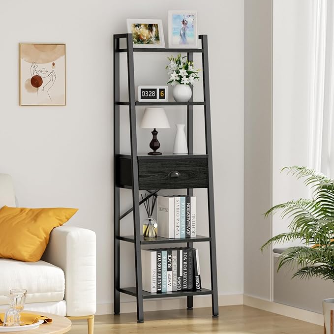 Furologee 5 Tier BookShelf, Ladder Shelf with Drawer, Tall Bookcase Corner Shelf, Narrow Shelf Industrial Display Standing Units for Home Office, Living Room, Bedroom, Kitchen, Black Oak - LeafyLoom