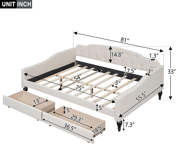 Full Size Upholstered Tufted Daybed with Two Storage Drawers,Linen Sofa Bed,Easy Assemble & No Box Spring Needed,Perfect for Small Space,Bedroom,Livingroom,Guest Room, Beige - LeafyLoom