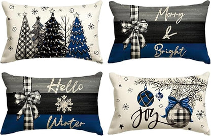 AVOIN colorlife Merry Christmas Joy Xmas Trees Blue and Black Throw Pillow Covers, 12 x 20 Inch Christmas Winter Holiday Cushion Case Decoration for Sofa Couch Set of 4 AVOINcolorlife