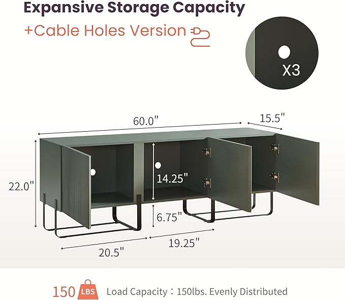 24/7 Shop at Home Mignon Contemporary Modern Style 60" TV Stand with 3 Storage Cabinets, Fits 65 Inches, Entertainment Center Console for Family, Living Room & Bedroom, Metal Legs, Green - LeafyLoom