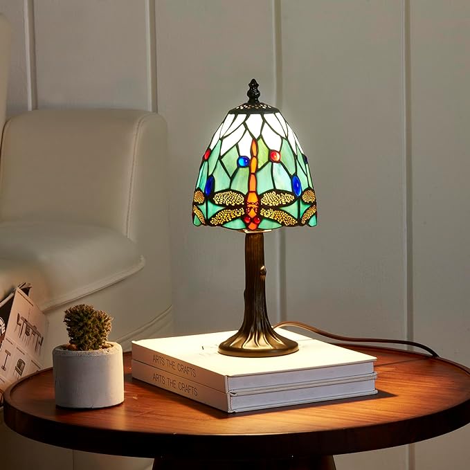 Stained Glass Dragonfly Design Table or Desk Light, Tiffany Style mini table Lamp-, LED Bulb Included-Vintage Look Colorful Accent Decor - LeafyLoom