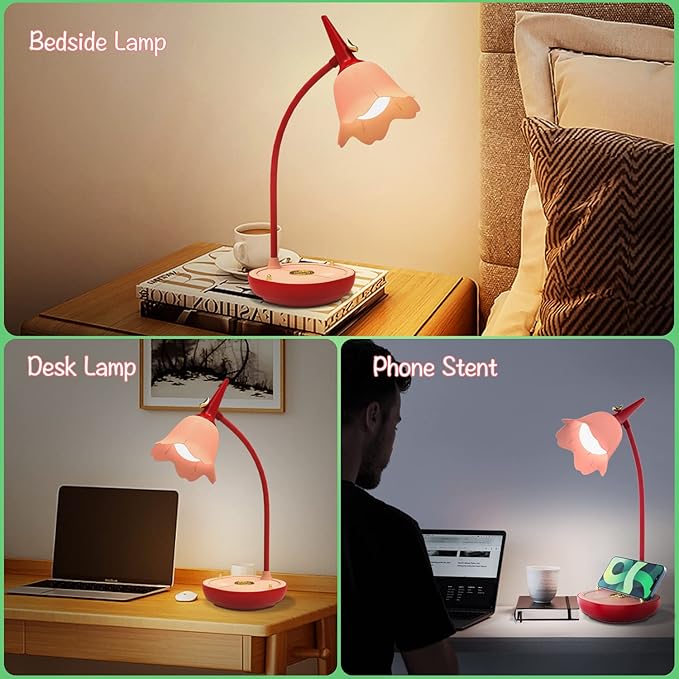 tekstap Desk Lamp Cute, Pink Lamp with Gooseneck, 2000mAh 3 Modes Dimmable Flower Desk Lamp, Rechargeable Eye-Caring LED Aesthetic Desk Lamp for Kids, Bedroom, Reading, Gift - LeafyLoom