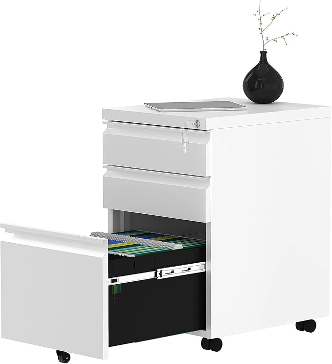 YITAHOME 3-Drawer Mobile File Cabinet with Lock, Office Storage Filing Cabinet for Legal/Letter Size, Pre-Assembled Metal File Cabinet Except Wheels Under Desk -White - LeafyLoom