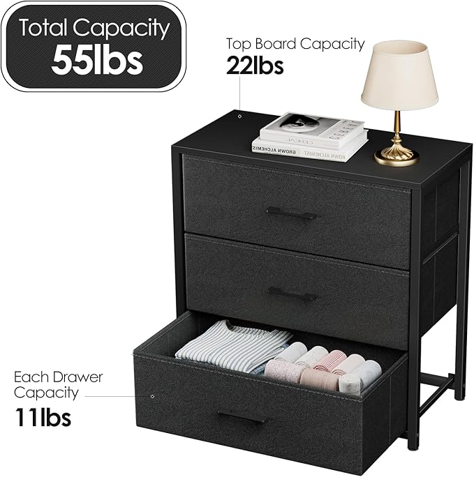 Nightstand with 3 Drawers for Bedroom, Storage Dresser with Fabric Drawers and Metal Frame for Closet, Living Room, Bedside Table with Wood Top, Easy Pull Handle, Black - LeafyLoom