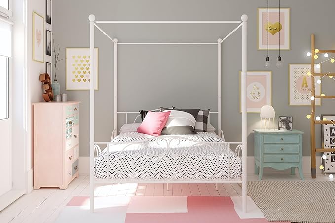 DHP Metal Canopy Kids Platform Bed with Four Poster Design, Scrollwork Headboard and Footboard, Underbed Storage Space, No Box Sring Needed, Full, White - LeafyLoom