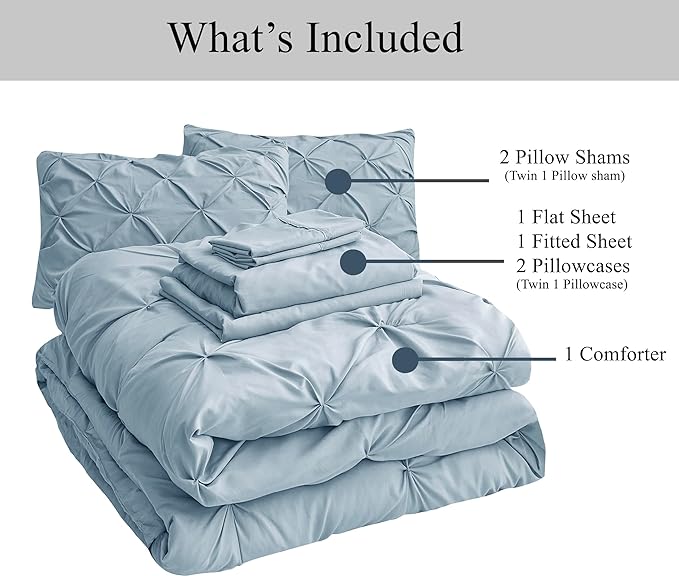 LANE LINEN King Size Comforter Set with Sheets, Complete 7 Piece King Comforter Set, Pintuck King Bedding Set, Soft King Size Bed in a Bag Set, Premium King Bed Set, Pillowcases & Shams - French Blue - LeafyLoom