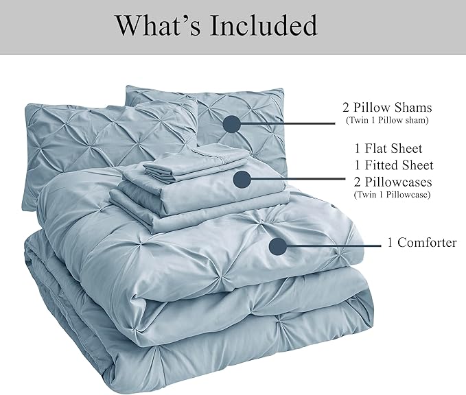 LANE LINEN Bedding Comforter Set Full Size, 7 Piece Full Size Bed in a Bag Set, Soft Bedding Sets Full Size, Pintuck Full Bed Set, Full Comforter Sets with Sheets, Pillowcases & Shams - French Blue - LeafyLoom