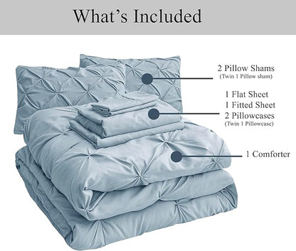 LANE LINEN Bedding Comforter Set Full Size, 7 Piece Full Size Bed in a Bag Set, Soft Bedding Sets Full Size, Pintuck Full Bed Set, Full Comforter Sets with Sheets, Pillowcases & Shams - French Blue - LeafyLoom