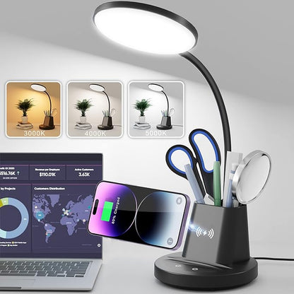 Sailstar Desk Lamp, Desk Lamps for Home Office with Wireless Charger & Pen Holder, 800 Lumens Gooseneck 3 Modes Dimmable Touch Circular LED Desk Light, Small Desk Lamp for College Dorm Room, Black - LeafyLoom