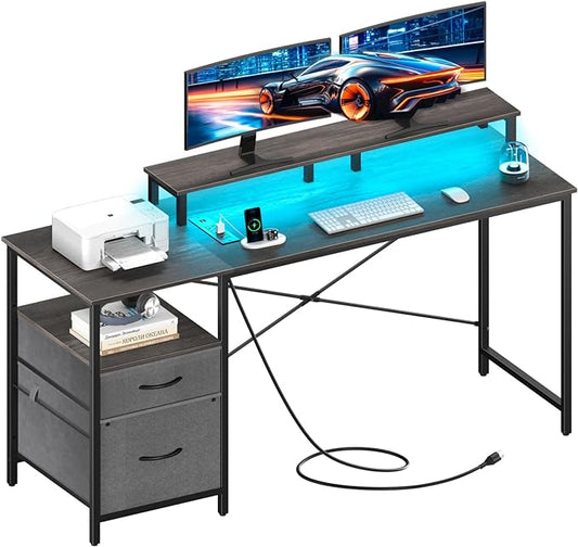 Yoobure Computer Desk, Gaming Desk with LED Lights & Power Outlets, Office Desk with Fabric File Cabinets, 55.1" Gaming Table with Long Monitor Stand, PC Gamer Desk with Drawers for Home office, Grey - LeafyLoom