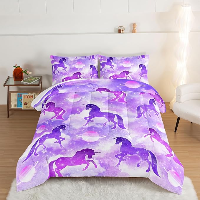 HOSIMA Purple Unicorn Bedding Sets for Girls Kids,3 Piece Soft Microfiber Galaxy Comforter Princess Crib Bedding Set Unicorn Bedroom Decor for Girls Room,Planet Cloud Queen Comforter Set. - LeafyLoom